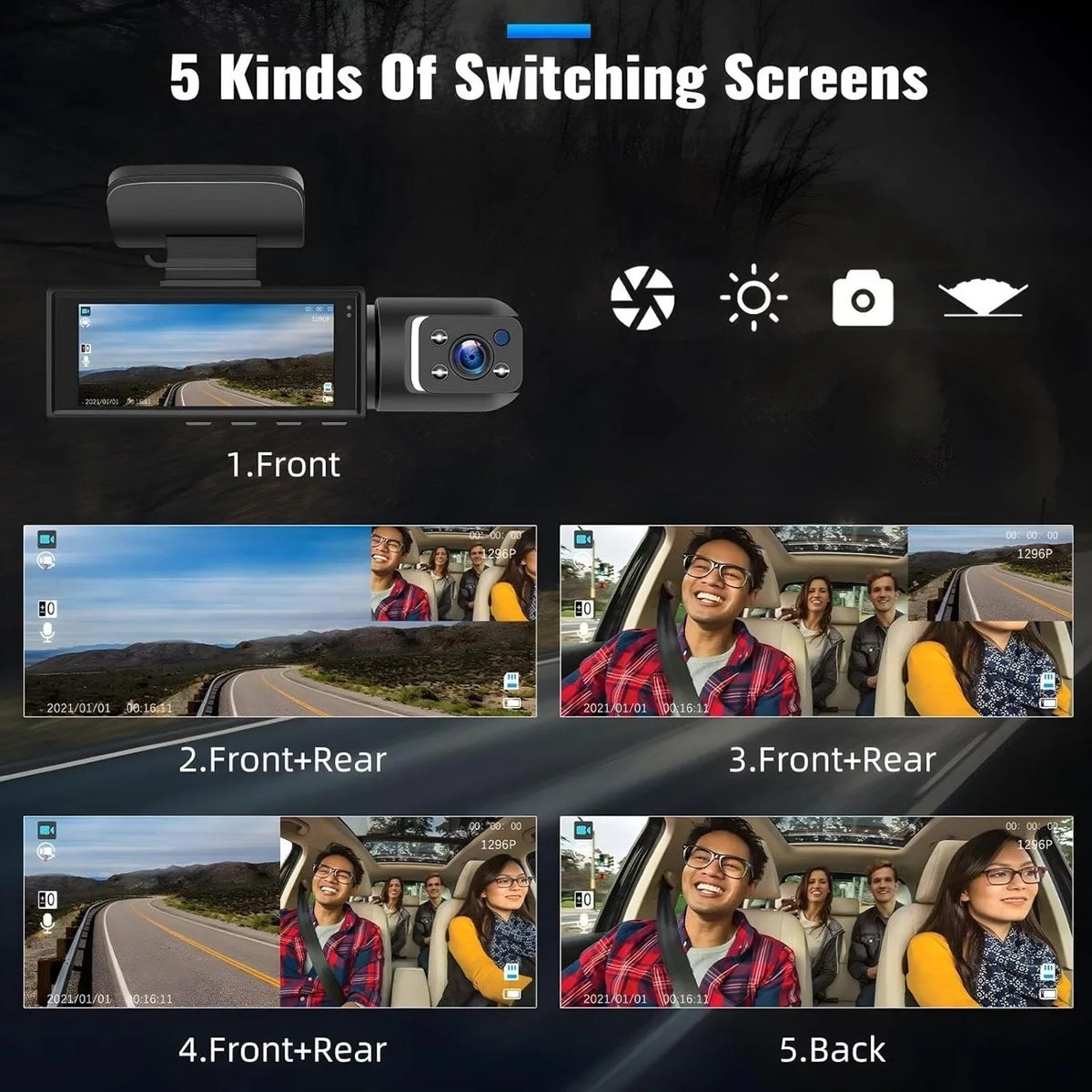 מצלמת דרך דואלית 1080P קדמית + פנימית