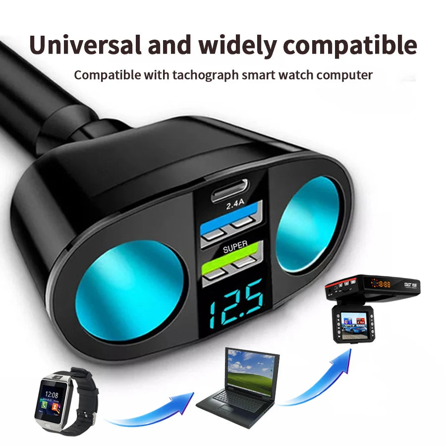 מפצל מצית לרכב עם מטען USB מהיר 120W